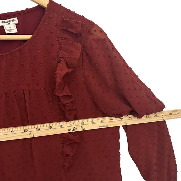 J. Crew Maroon Polyester Scoop Neck Flowy Blouse with Ruffles Size 14 - Picture 3 of 6